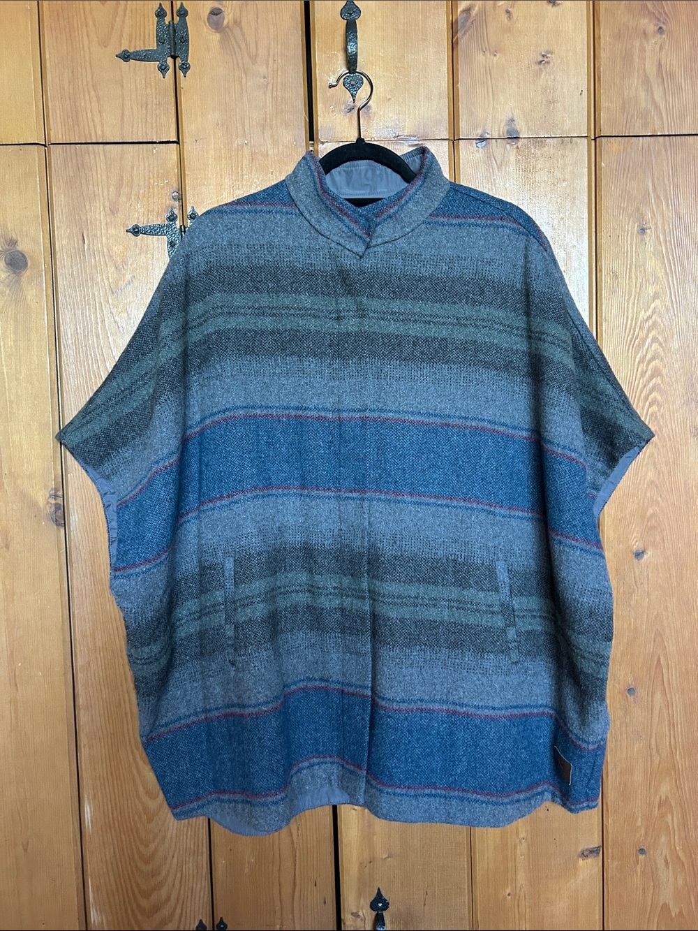 Vintage Eddie Bauer Blue and Gray Striped Striped Wool Poncho